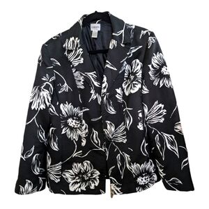 Chico’s Black & White Textured Bold Floral Blazer Size 2 (Medium - 12) Flaws